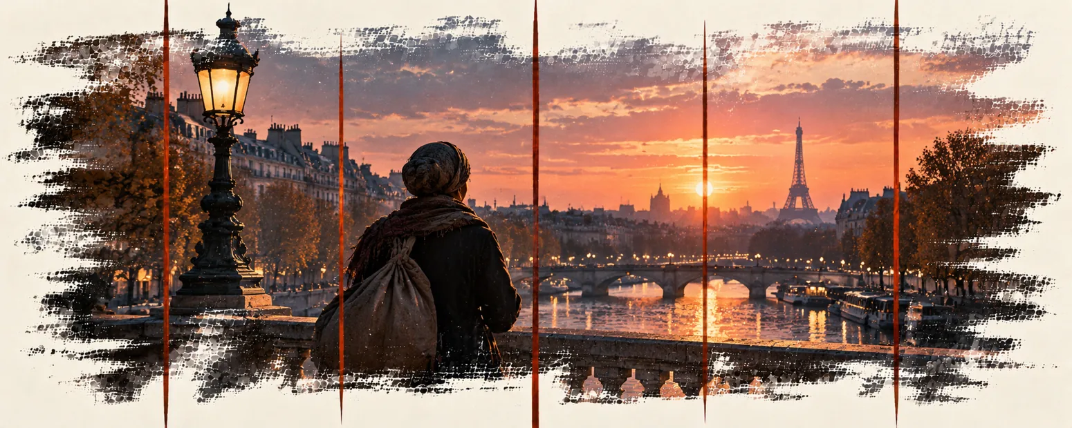 Illustration panoramique d’une ville au coucher du soleil